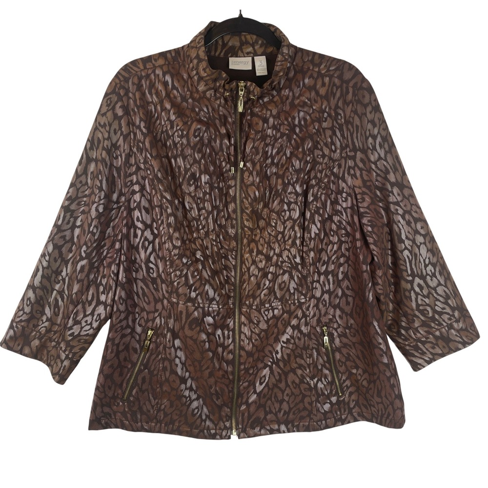 Zenergy by Chicos Brown Leopard Print‎ Full Zip Jacket Metallic Mock Neck Size 3